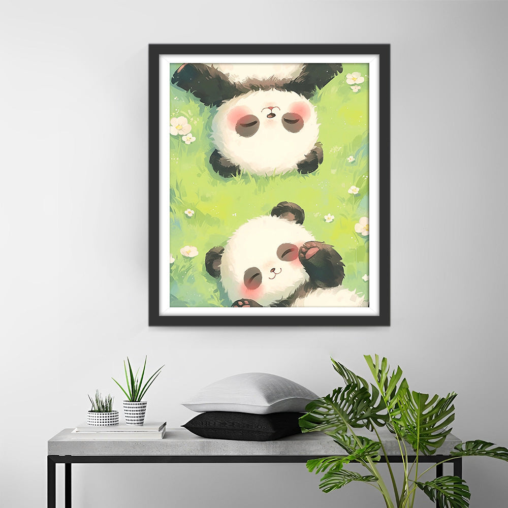 Two Baby Pandas Lying on the Grass Diamond Painting