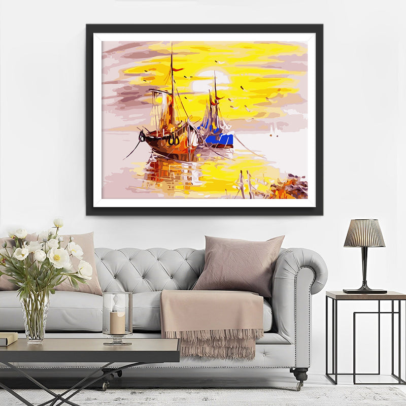 Two Boats on the Sea at Sunset Diamond Painting