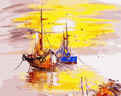 Two Boats on the Sea at Sunset Diamond Painting