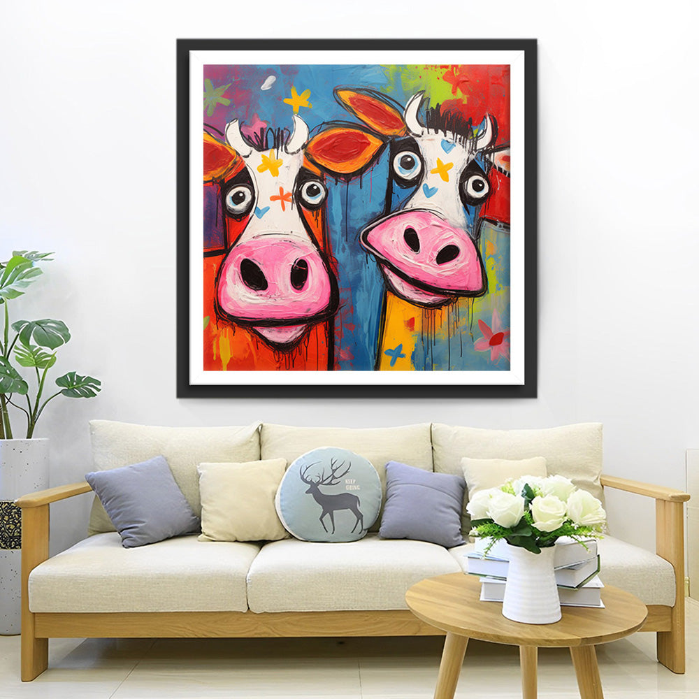 Two Colorful Cartoon Cows Diamond Painting 