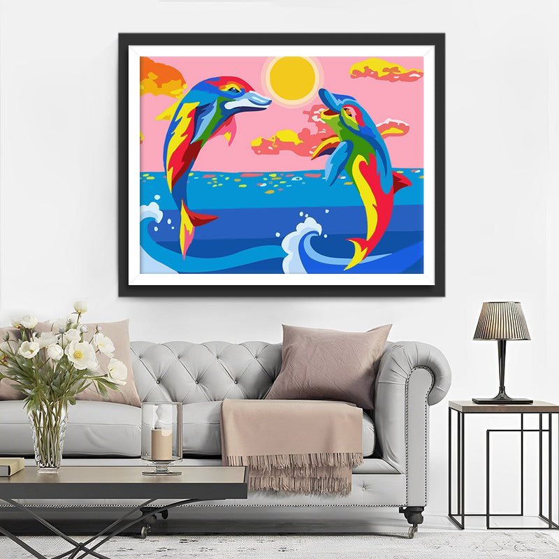 Two Colourful Cartoon Dolphins Diamond Painting