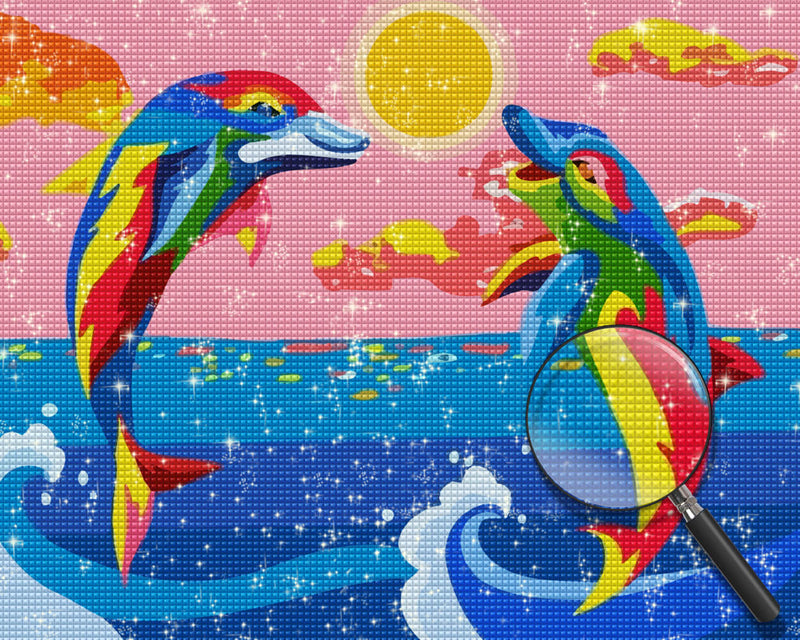 Two Colourful Cartoon Dolphins Diamond Painting