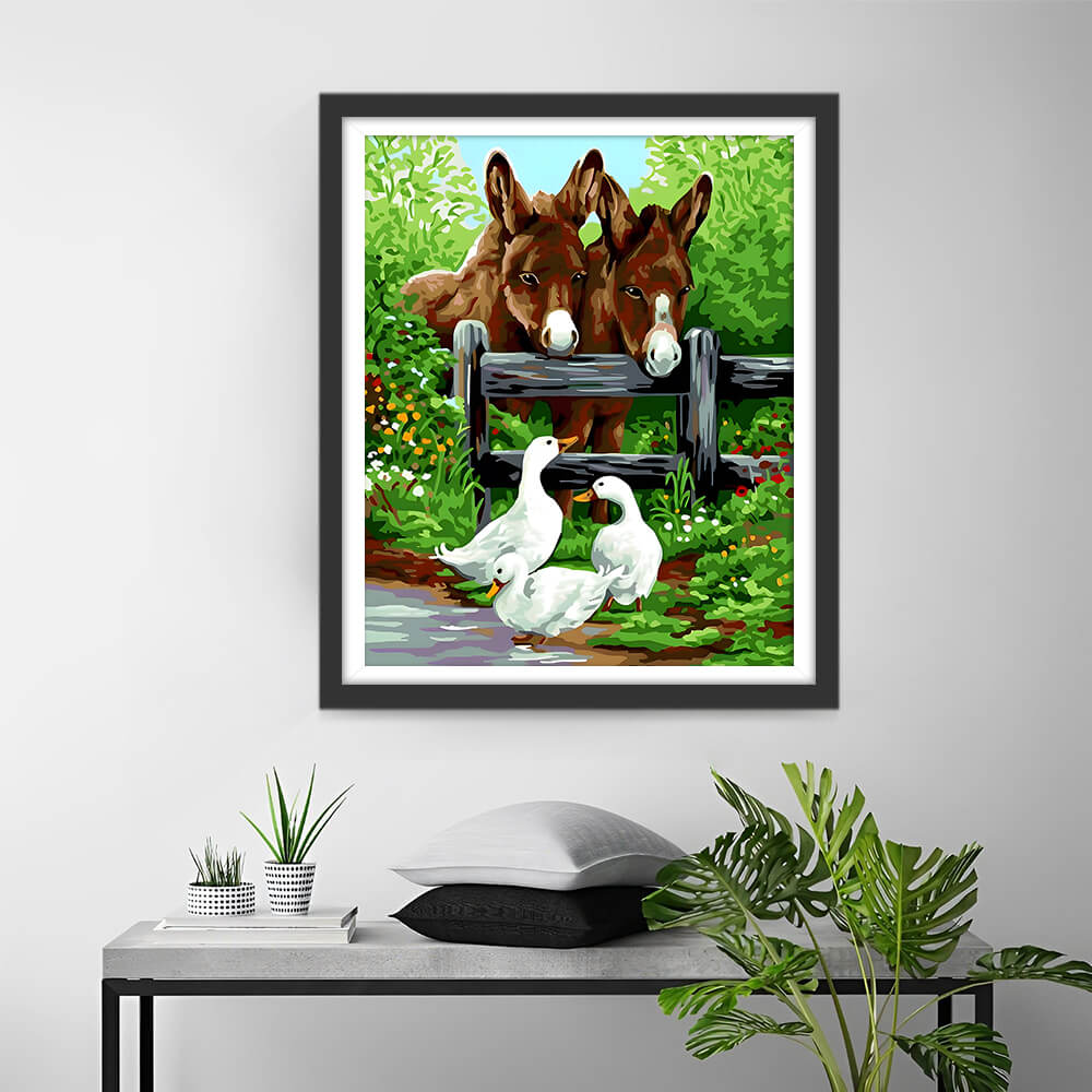 Two Donkeys and Three White Geese Diamond Painting
