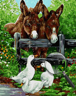 Two Donkeys and Three White Geese Diamond Painting