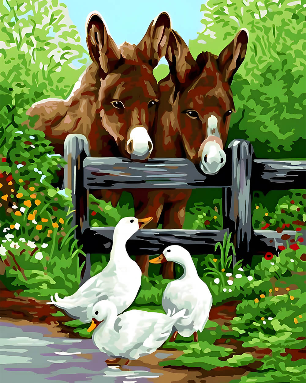 Two Donkeys and Three White Geese Diamond Painting
