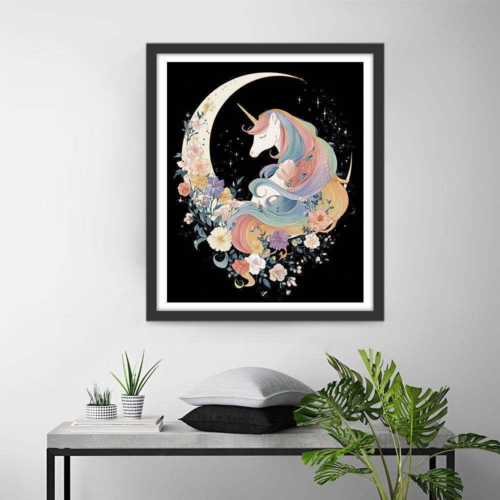 Unicorn and Flowers on the Moon Diamond Painting