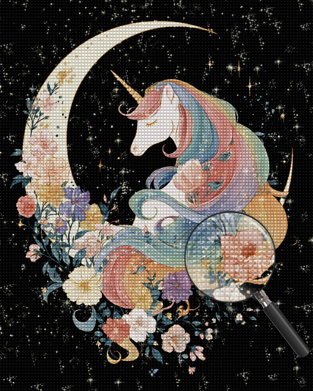 Unicorn and Flowers on the Moon Diamond Painting