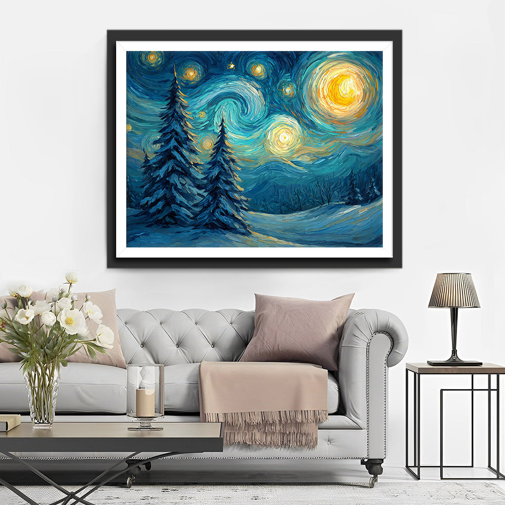 Van Gogh-Style Starry Night and Cedar Trees Diamond Painting