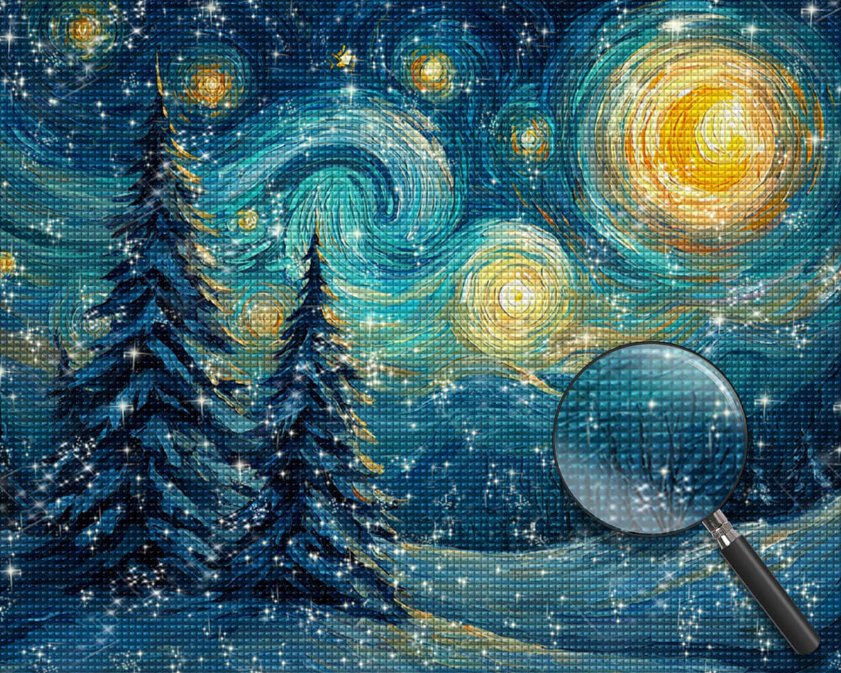 Van Gogh-Style Starry Night and Cedar Trees Diamond Painting