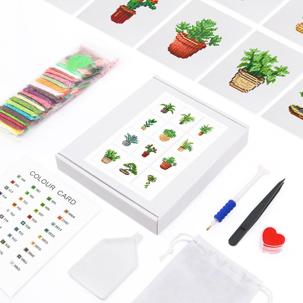 Various Green Potted Plants 12Pcs - Mini Diamond Painting Kit
