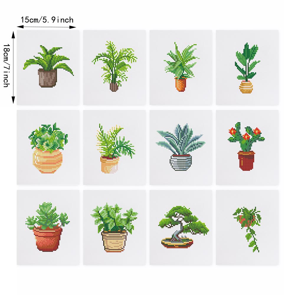 Various Green Potted Plants 12Pcs - Mini Diamond Painting Kit
