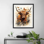 Watercolor Highland Cow and Butterflies Diamond Painting