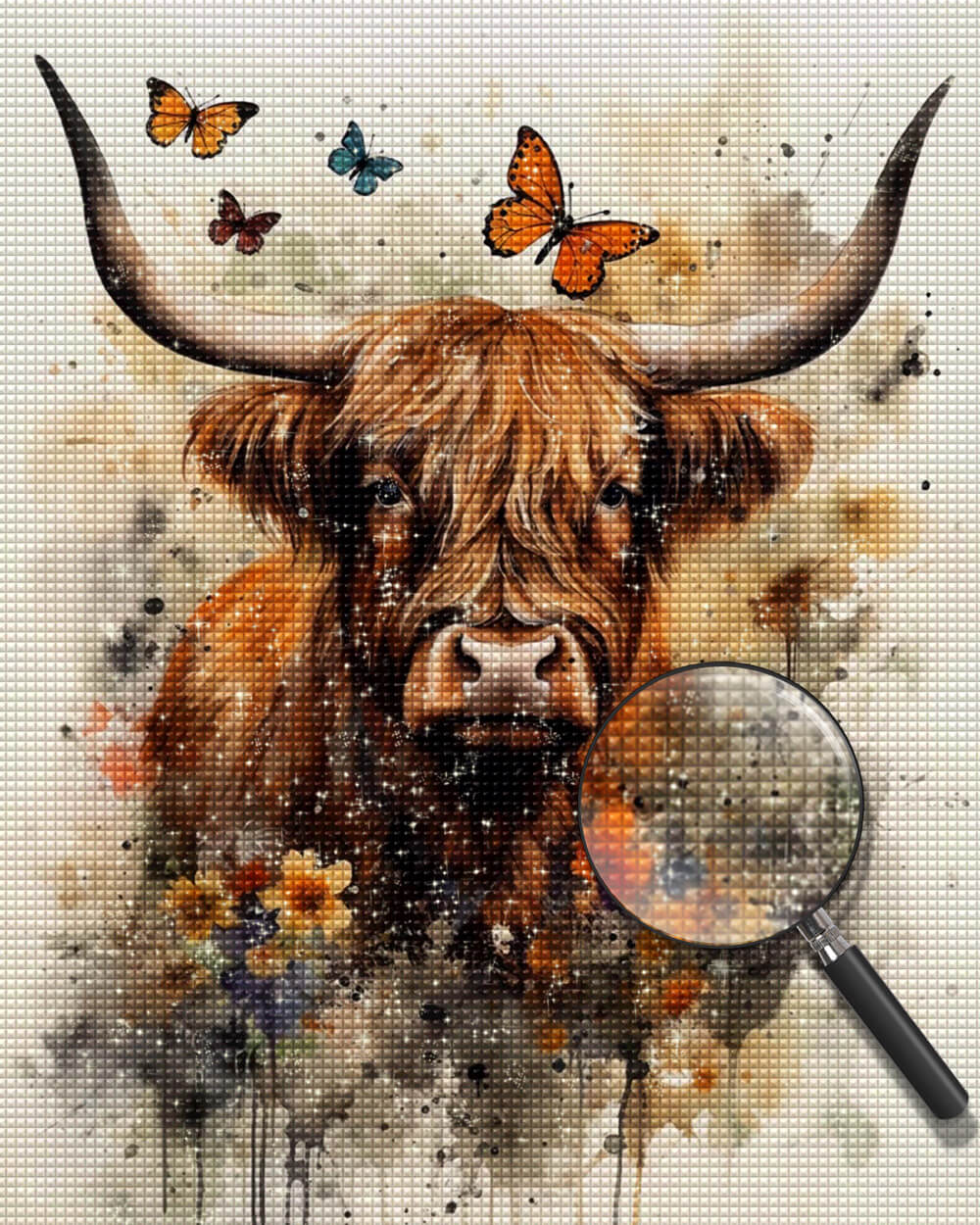 Watercolor Highland Cow and Butterflies Diamond Painting