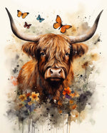 Watercolor Highland Cow and Butterflies Diamond Painting