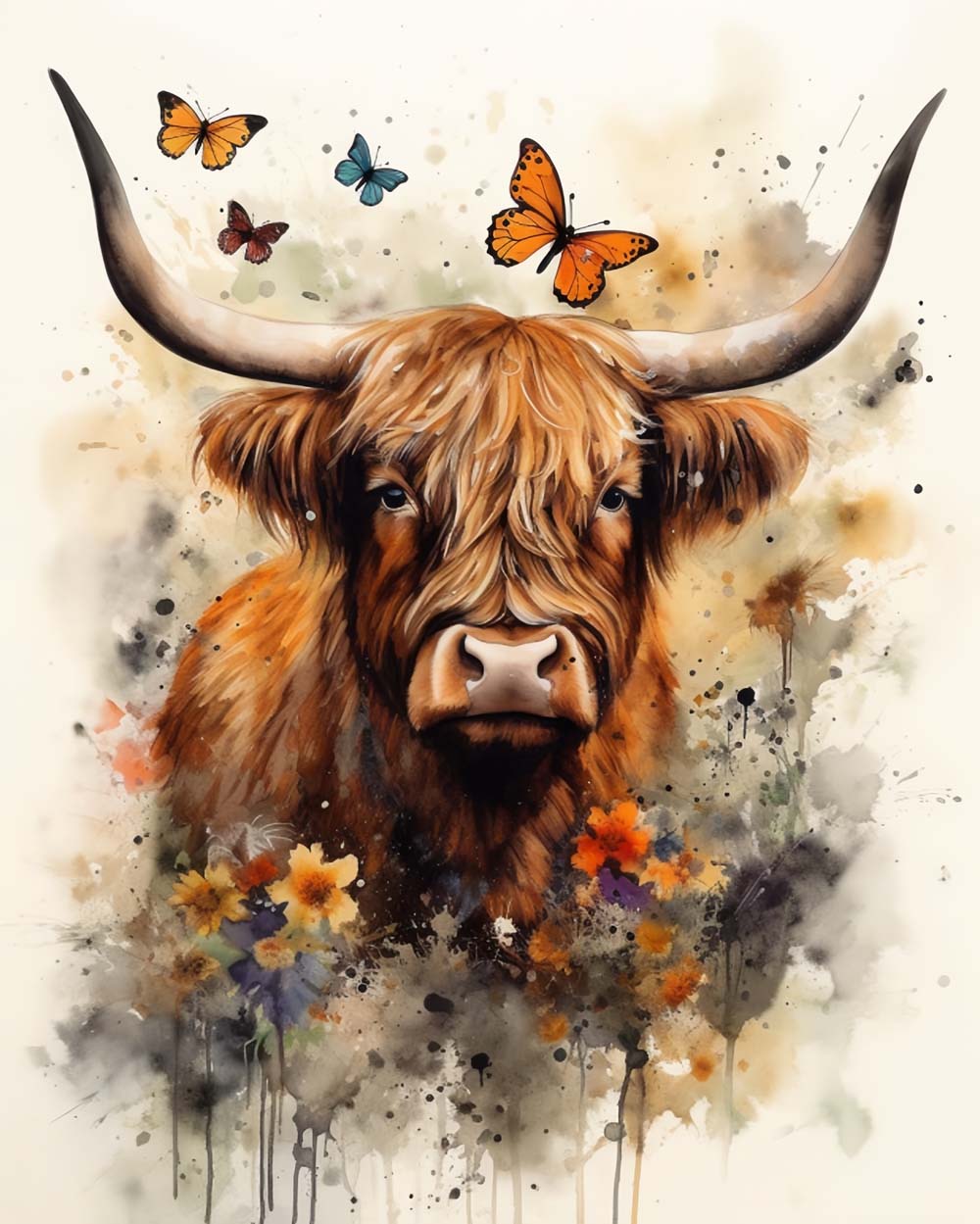Watercolor Highland Cow and Butterflies Diamond Painting