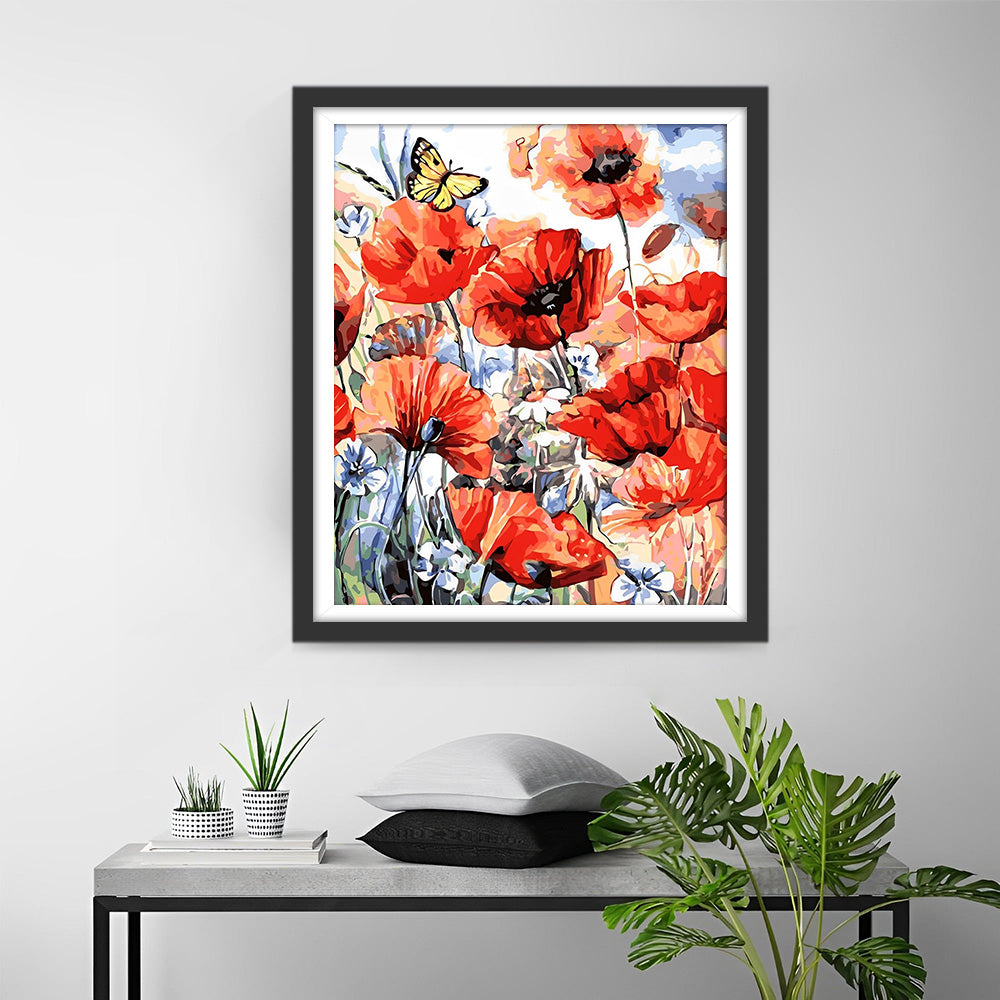 Watercolor Poppies and Butterfly Diamond Painting