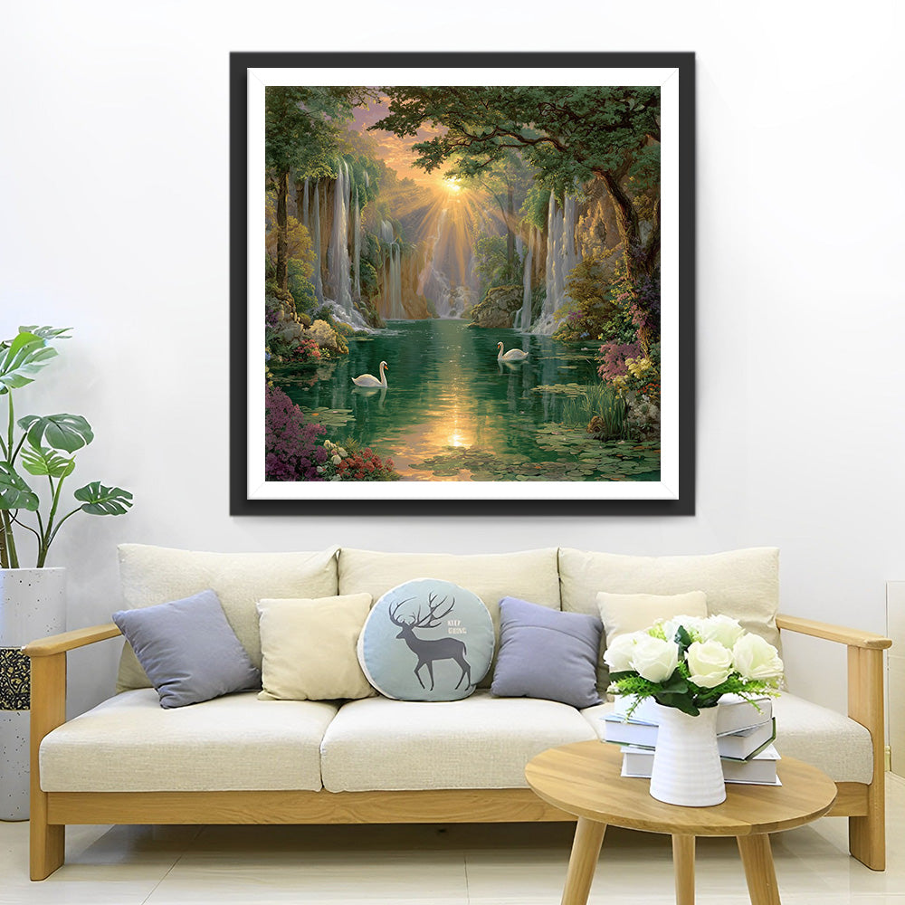 Waterfalls and Green Lake under the Sunlight Diamond Painting