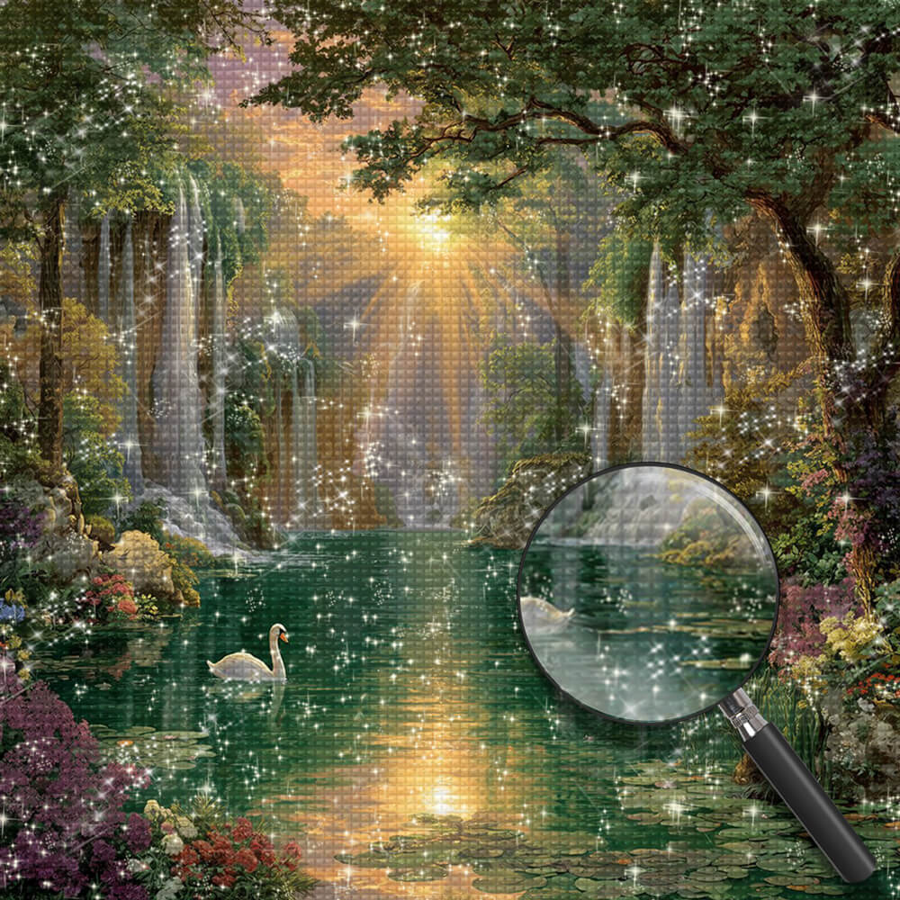 Waterfalls and Green Lake under the Sunlight Diamond Painting