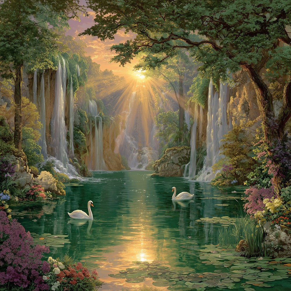 Waterfalls and Green Lake under the Sunlight Diamond Painting