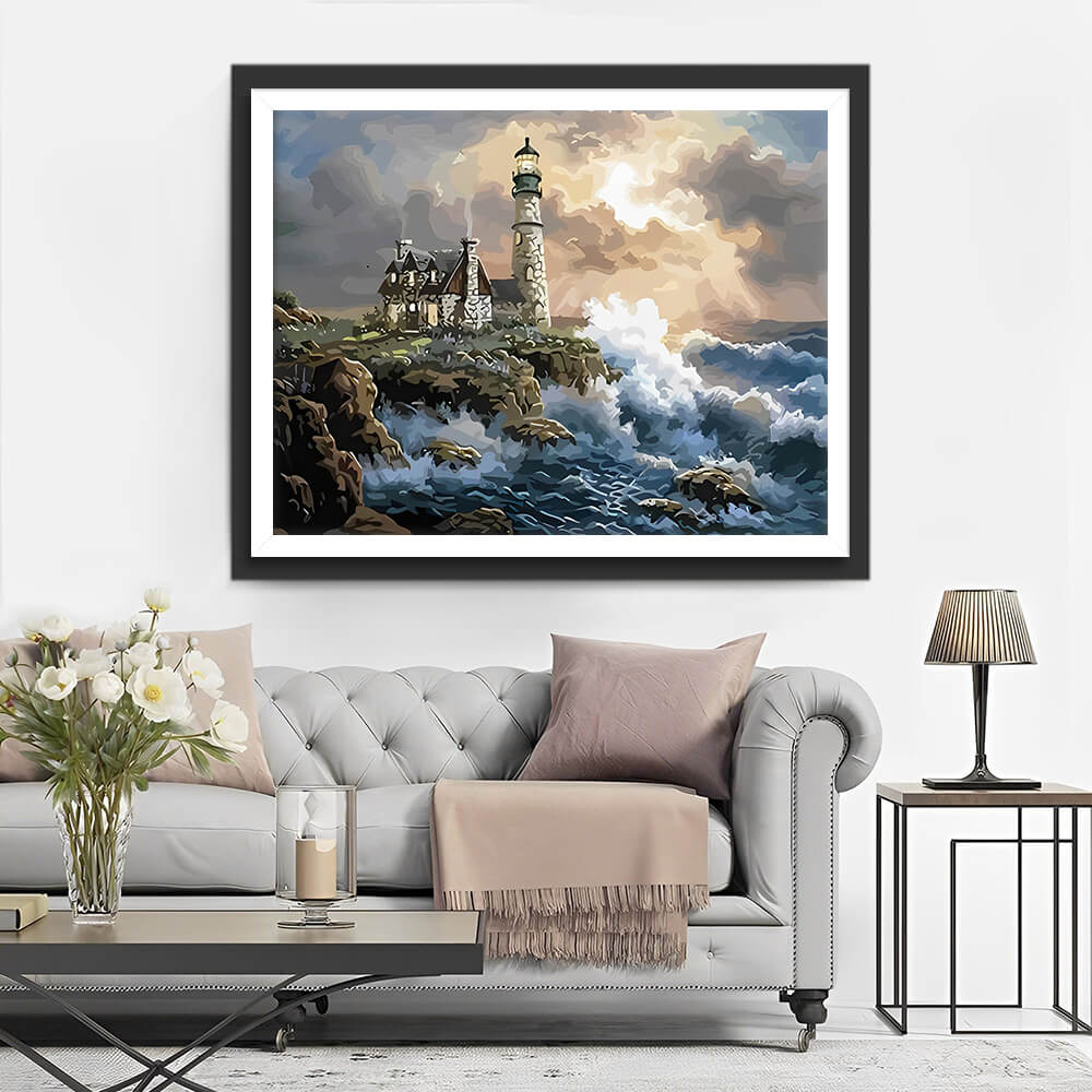 Waves and Lighthouse under Dark Clouds Diamond Painting