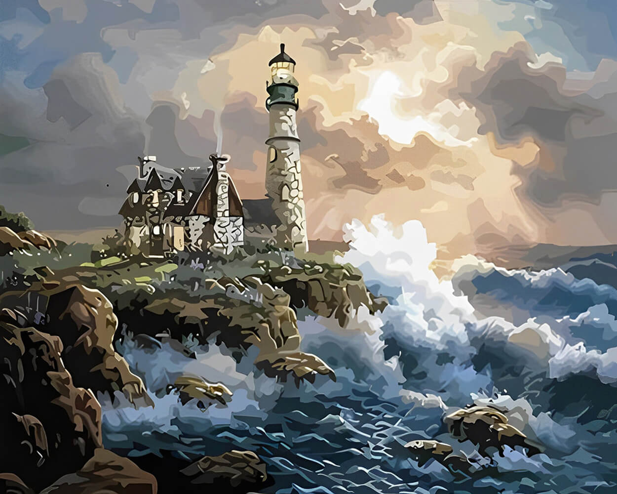 Waves and Lighthouse under Dark Clouds Diamond Painting