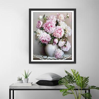 White and Pink Peonies in a White Vase Diamond Painting