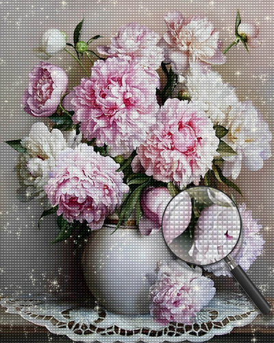 White and Pink Peonies in a White Vase Diamond Painting