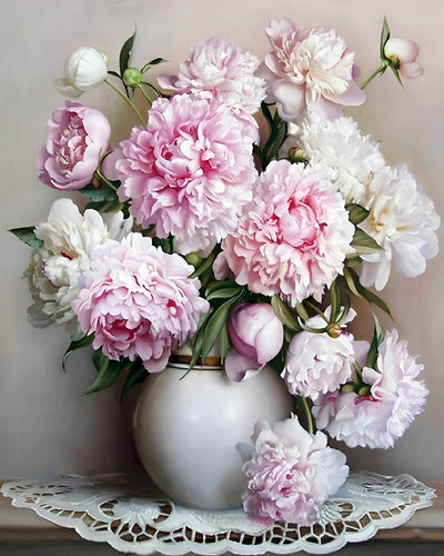 White and Pink Peonies in a White Vase Diamond Painting