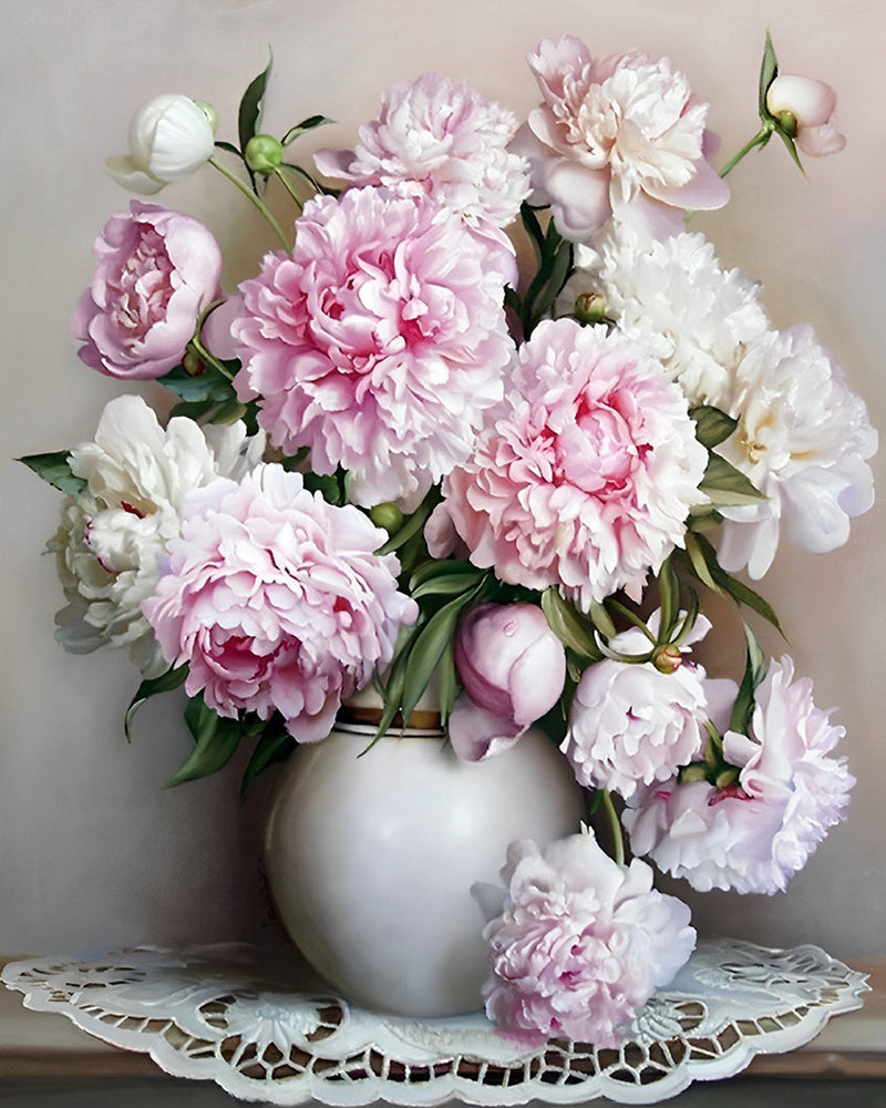 White and Pink Peonies in a White Vase Diamond Painting