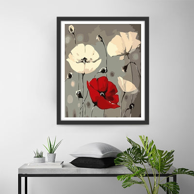 White and Red Poppies Diamond Painting