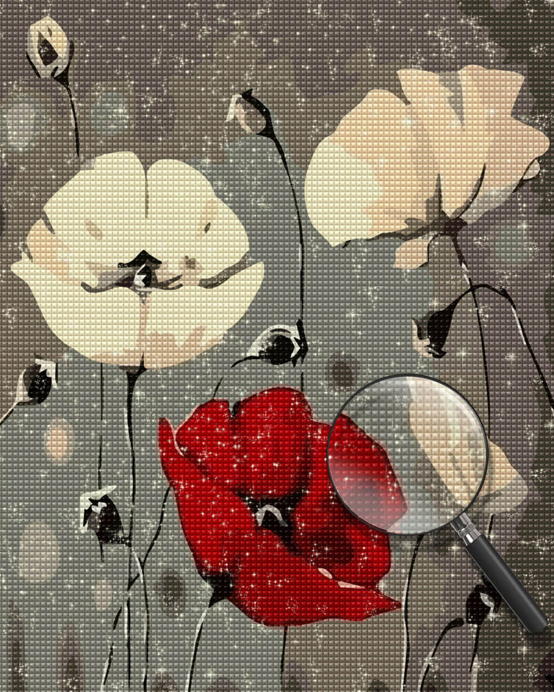 White and Red Poppies Diamond Painting