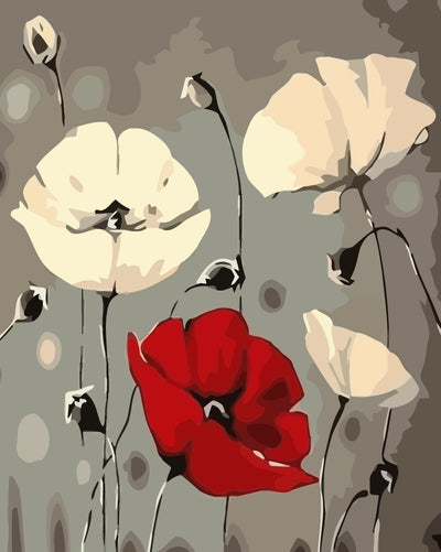 White and Red Poppies Diamond Painting