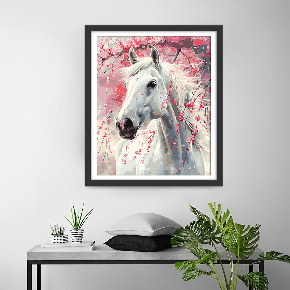 White Horse under the Pink Flower Tree Diamond Painting