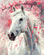 White Horse under the Pink Flower Tree Diamond Painting