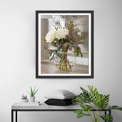 White Roses in a Glass Bottle Diamond Painting