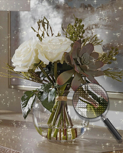 White Roses in a Glass Bottle Diamond Painting
