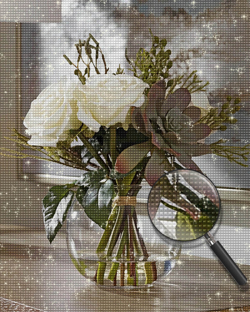 White Roses in a Glass Bottle Diamond Painting