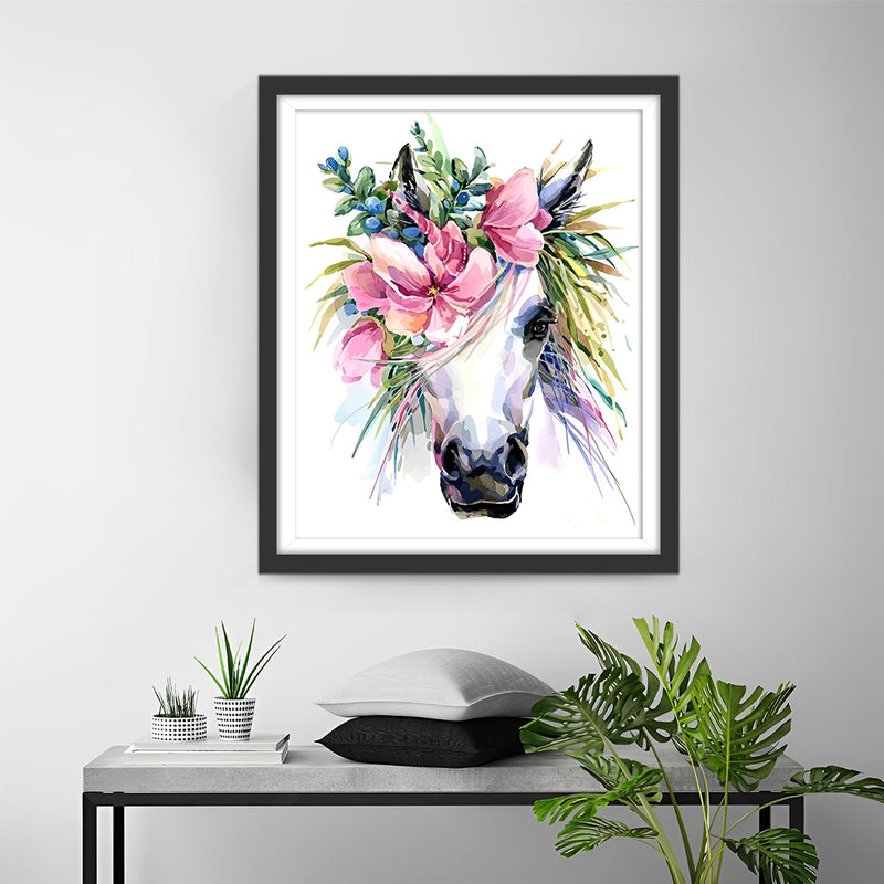 White Unicorn with Flowers Diamond Painting