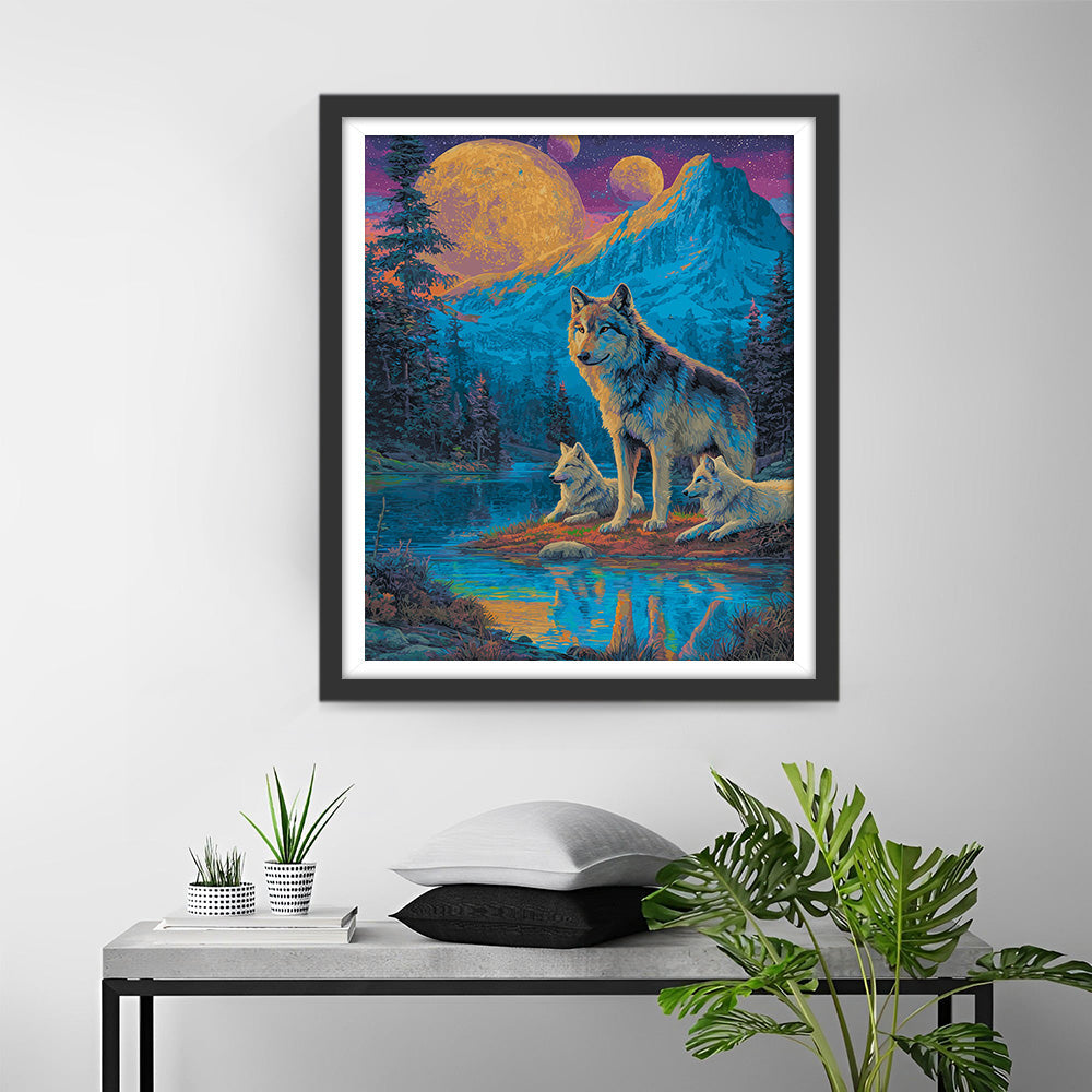 Wolves in the Mountains at Night Diamond Painting