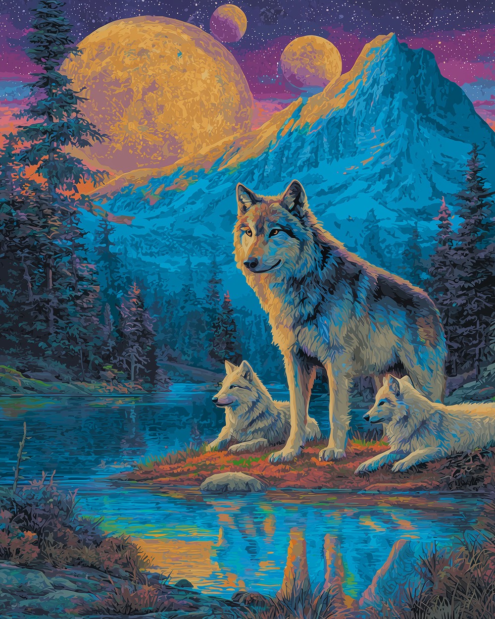 Wolves in the Mountains at Night Diamond Painting