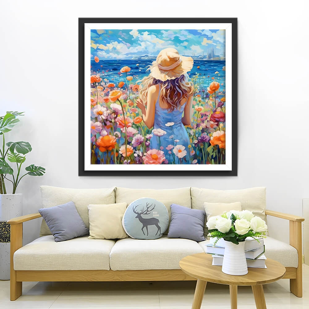 Woman and Flowers Field by the Sea Diamond Painting