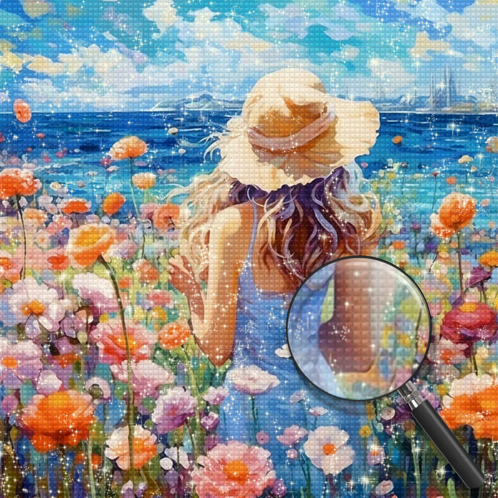 Woman and Flowers Field by the Sea Diamond Painting