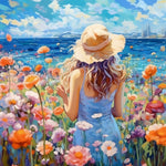 Woman and Flowers Field by the Sea Diamond Painting