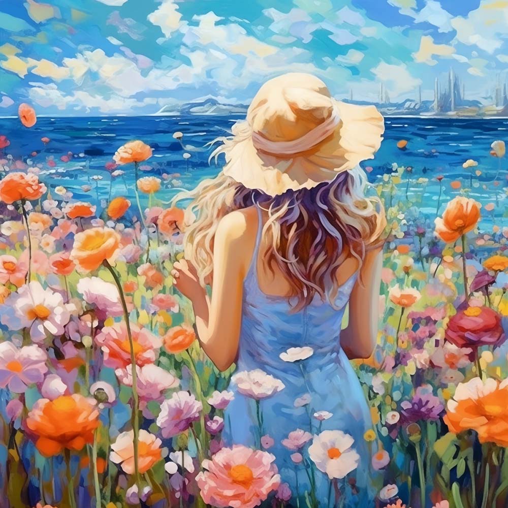 Woman and Flowers Field by the Sea Diamond Painting