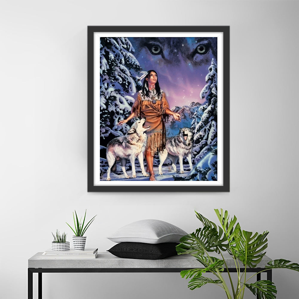Woman and Wolf in the Snow Forest Diamond Painting