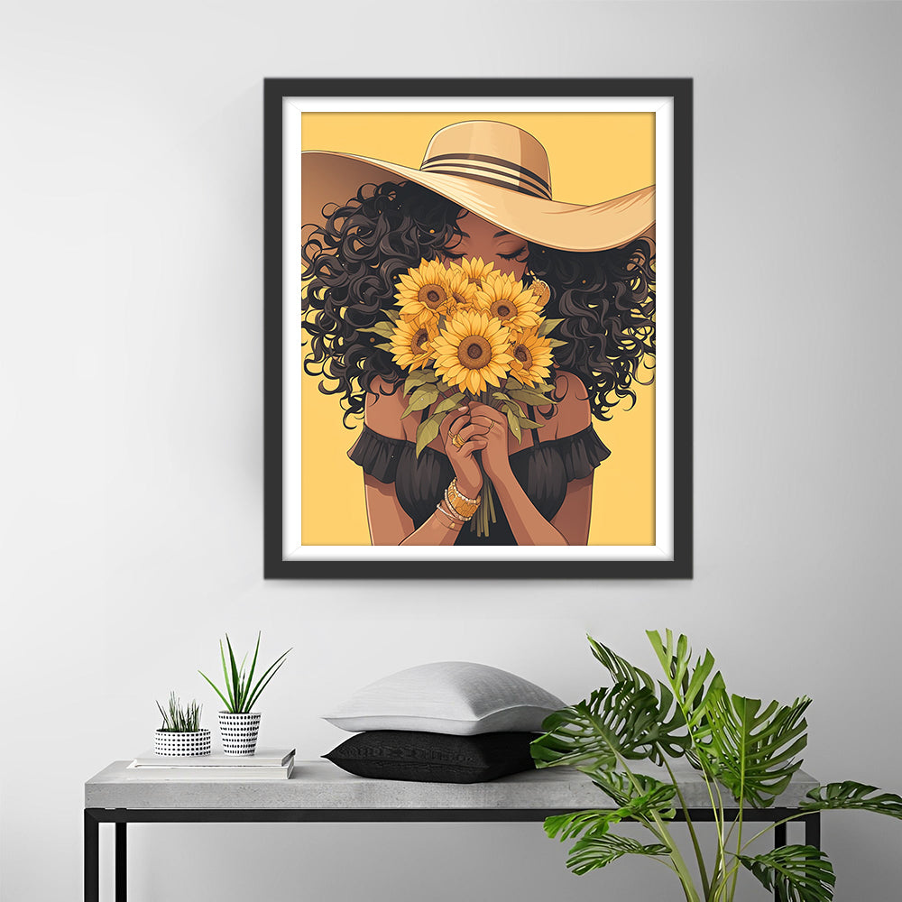 Woman Holding Bouquet of Sunflowers Diamond Painting