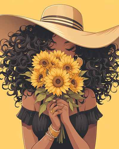 Woman Holding Bouquet of Sunflowers Diamond Painting