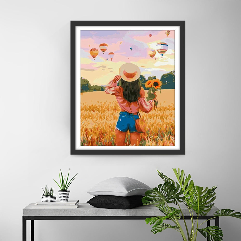 Woman Holding Sunflowers in Golden Wheat Field Diamond Painting