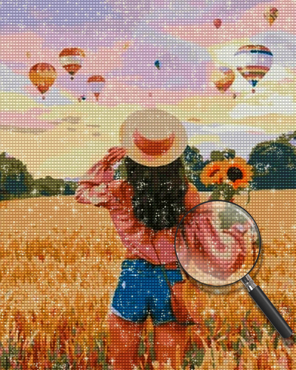 Woman Holding Sunflowers in Golden Wheat Field Diamond Painting