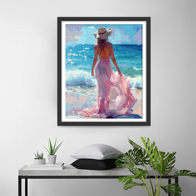 Woman in Pink Dress at the Blue Seaside Diamond Painting